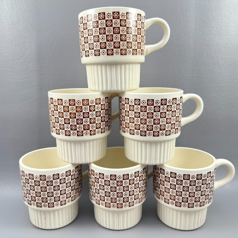 McCoy Checkered Daisy Mugs Set 6 Stackable Brown Mid Century Modern MCM USA Vtg